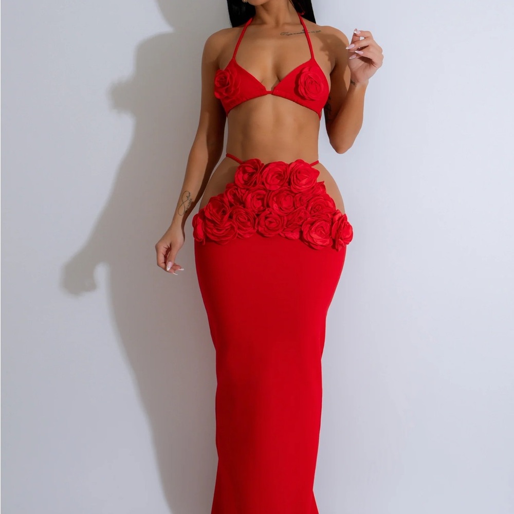 Elegant Red Floral Women's Dress